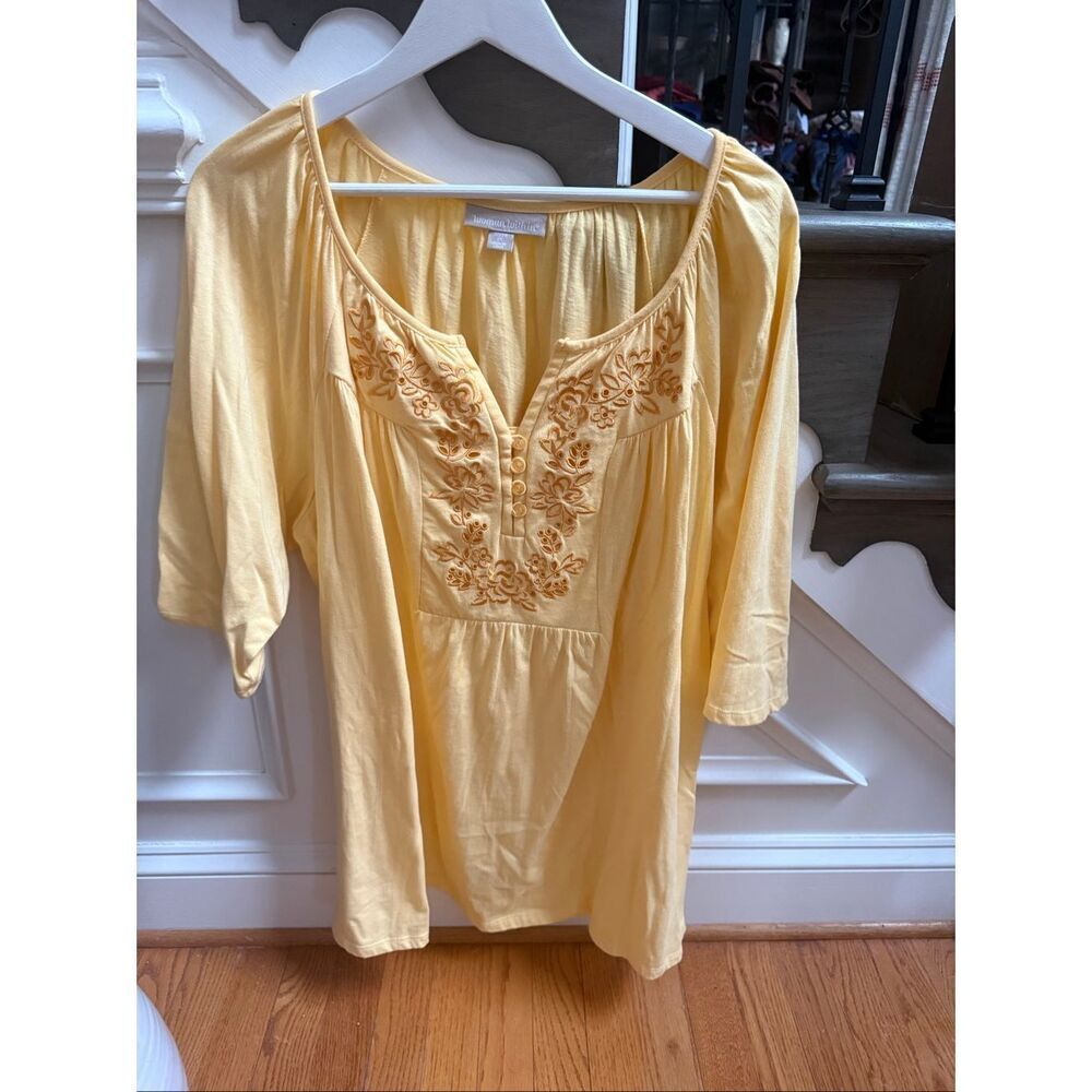 Woman Within Yellow Embroidered Boho Flutter Sleeve Top sz 1X